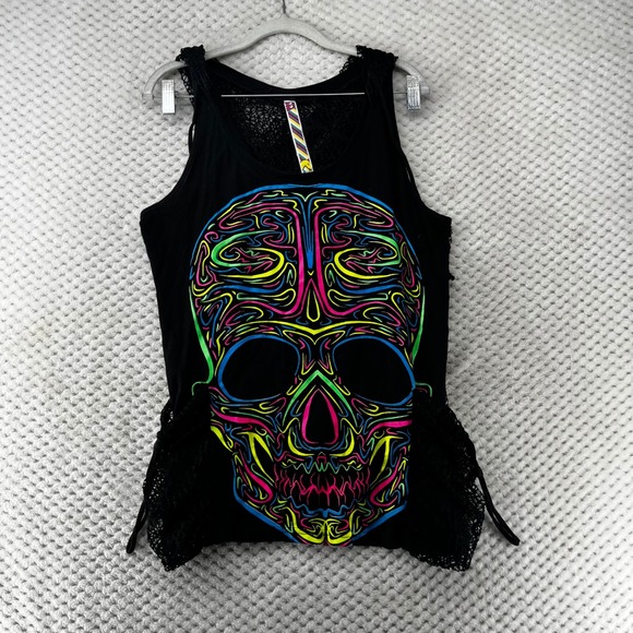 Esquizo Skull Tank Top‎ Tattoo Lace Trim Coverup Hooded Graphic Print Black L - Picture 1 of 7